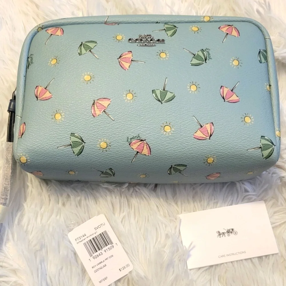 NWT Coach Boxy Cosmetic Case with Beach Umbrella Print Seafoam